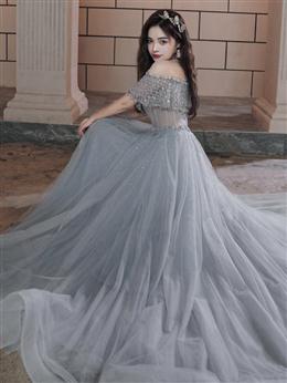 Picture of Pretty Beaded Off Shoulder Tulle Prom Dresses, A-line Grey Evening Dresses Party Dresses